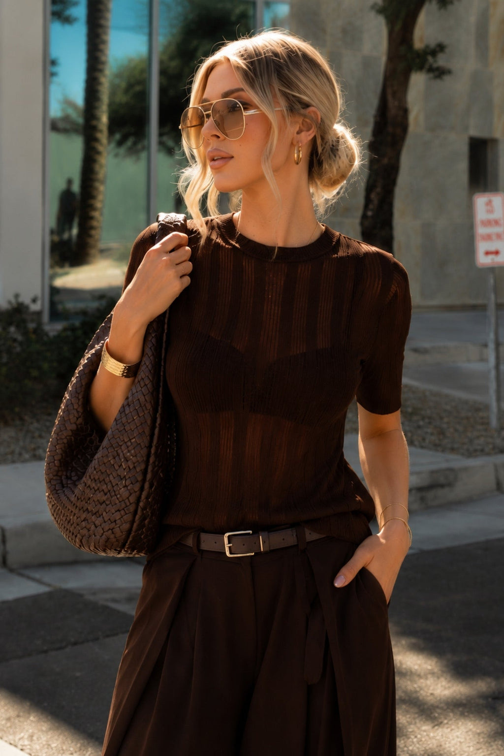 Şerit Detay Sheer Oversize Brown Knit Blouse