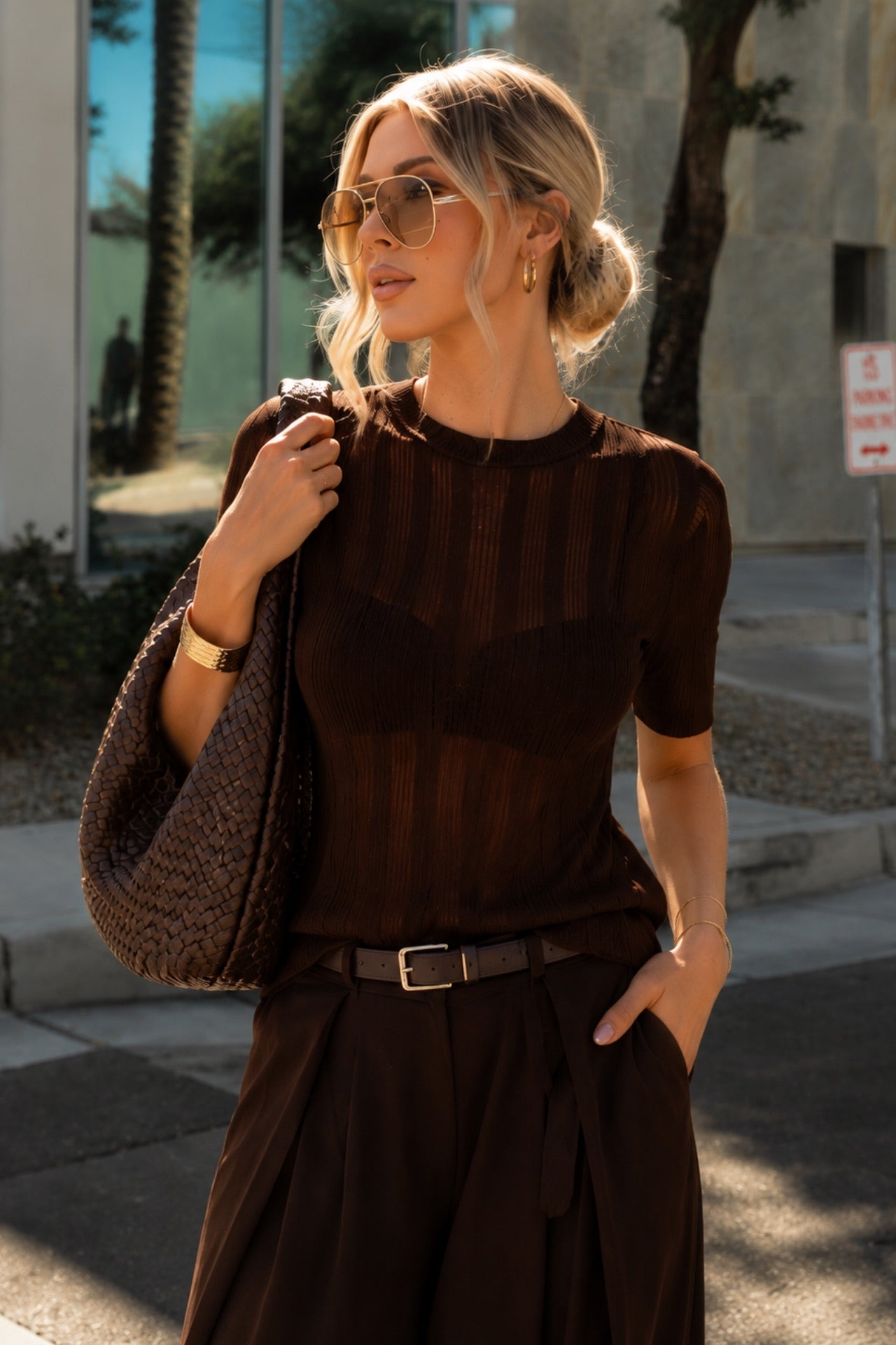 Şerit Detay Sheer Oversize Brown Knit Blouse