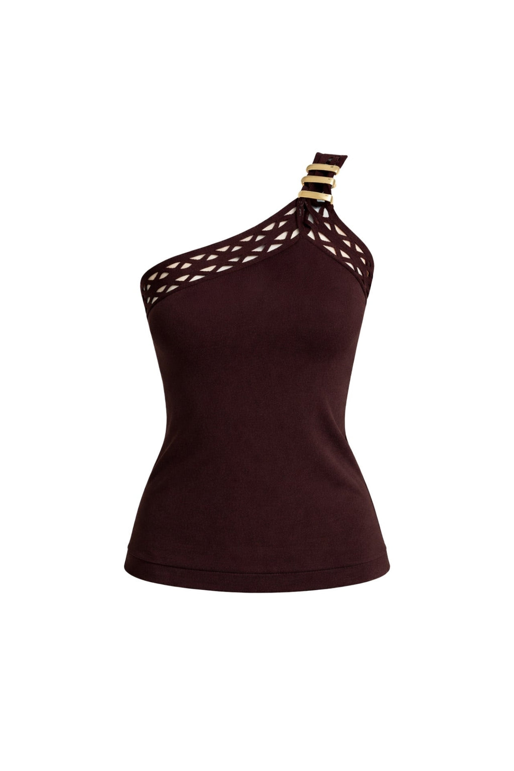 One-Shoulder Open Detail Brown Knit Blouse