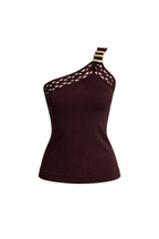 One-Shoulder Open Detail Brown Knit Blouse