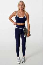 High Waist Navy Blue Leggings with Piping Detail