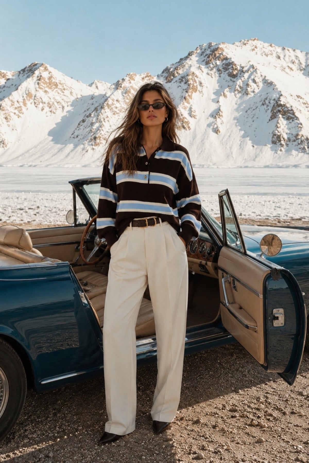 Polo Neck Button Detail Brown Striped Knit Sweater