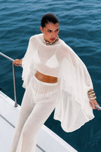 Wide Collar Crop Transparent Blouse High Waist Pants Two Piece White Set