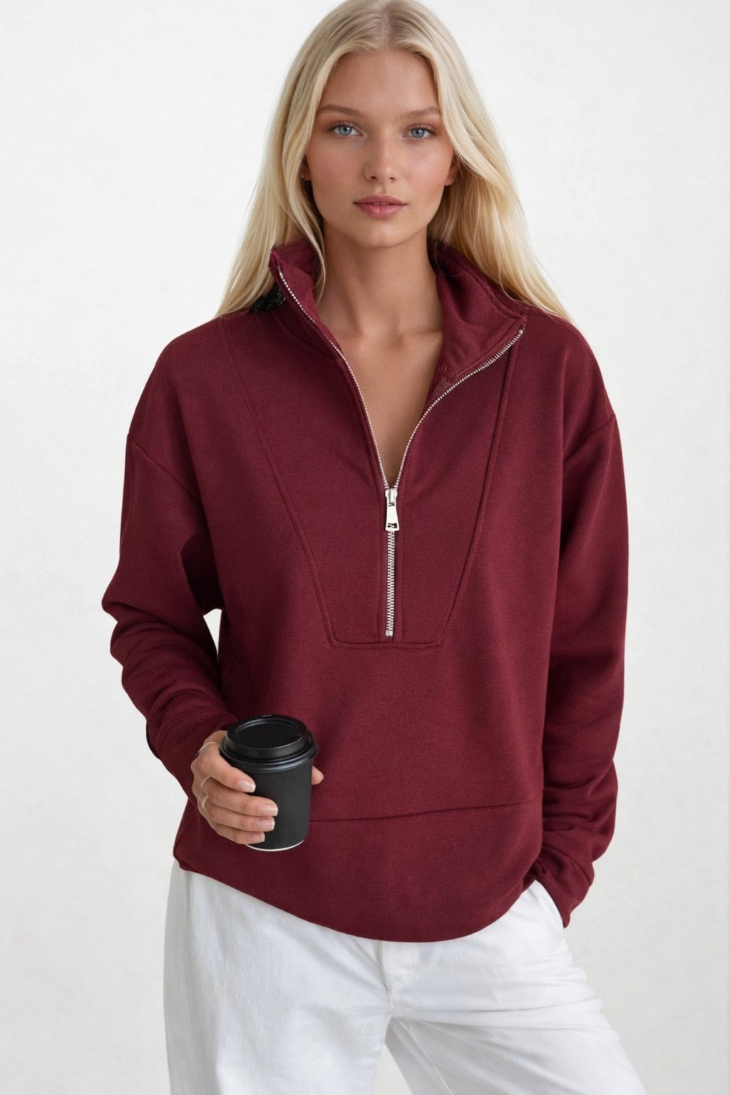 Zipper And Stitch Detail Burgundy Sweatshirt