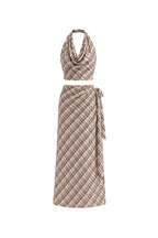 Brown Plaid Pattern Cowl Neck Blouse Tie Detail Skirt İkili Set