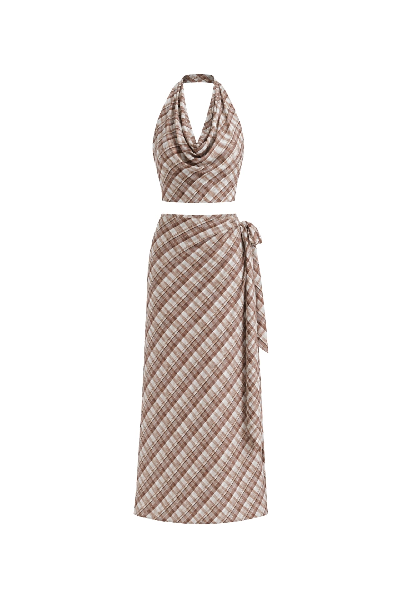 Brown Plaid Pattern Cowl Neck Blouse Tie Detail Skirt İkili Set