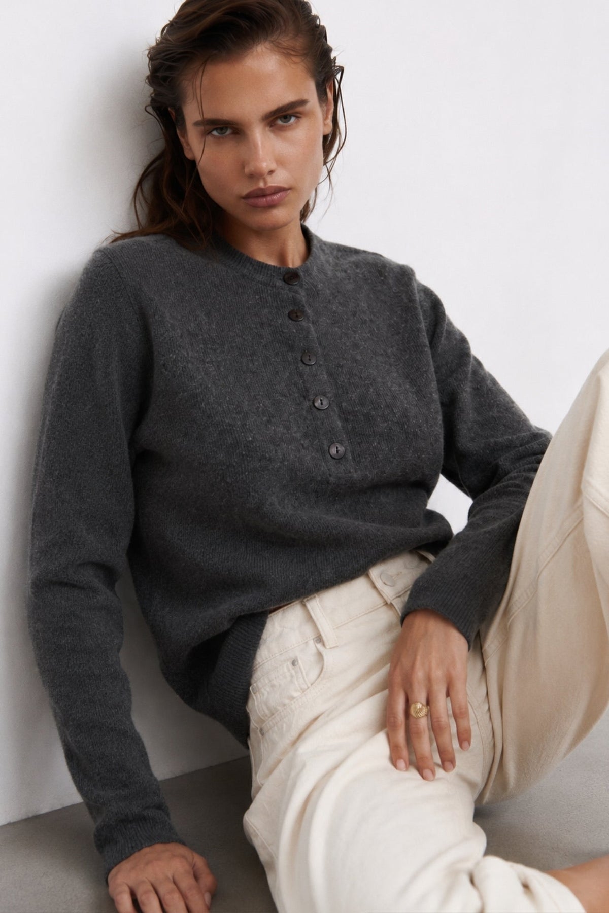 Crew Neck Button Detail Textured Gray Blouse