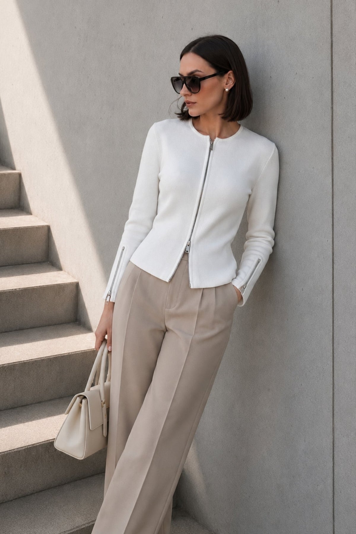 Double Fermuar Long Sleeve White Textured Blouse