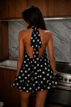 Halter Neck Polka Dot Balloon Sleeve Black Mini Dress