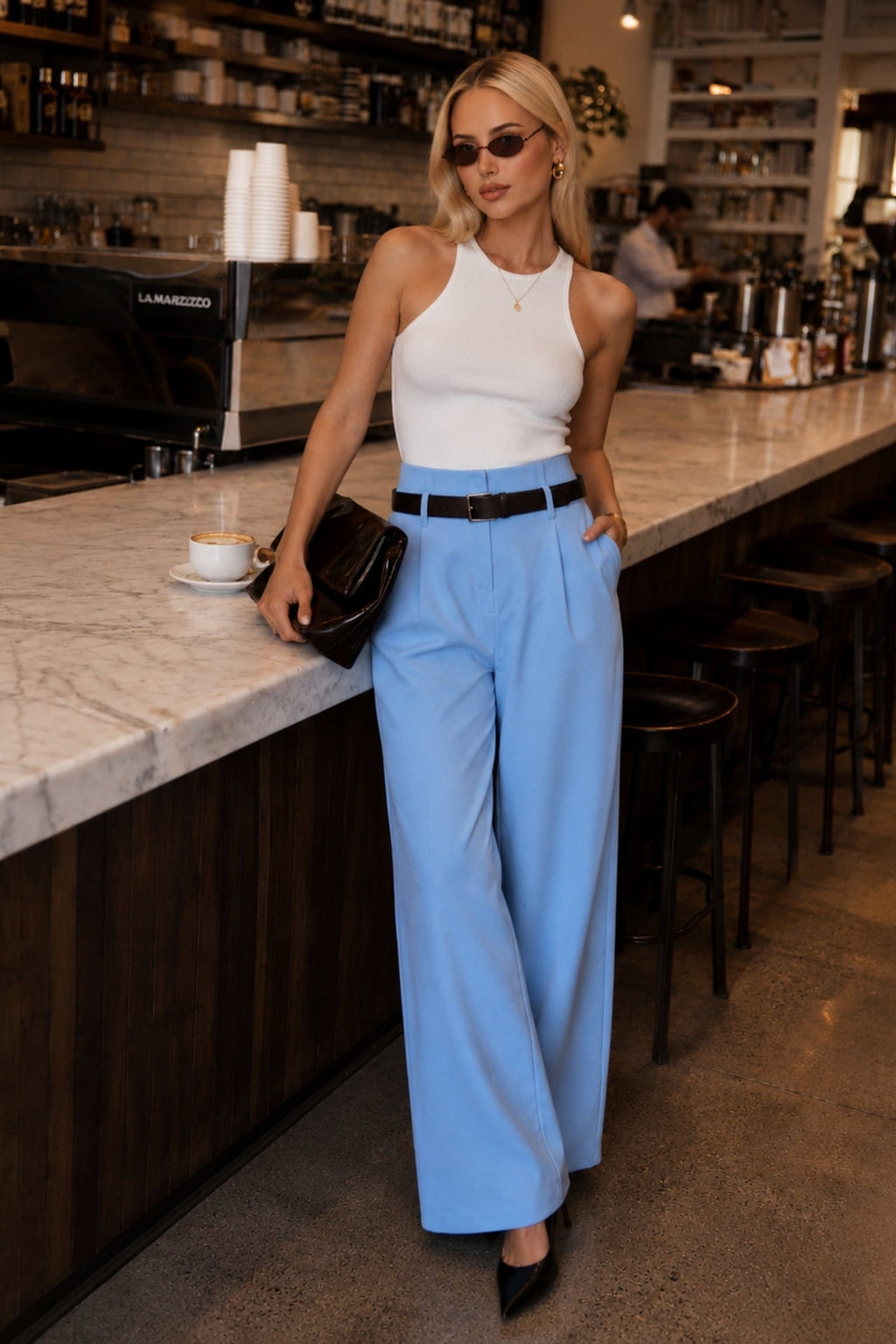 Belt Detail High Waist Baby Blue Pants