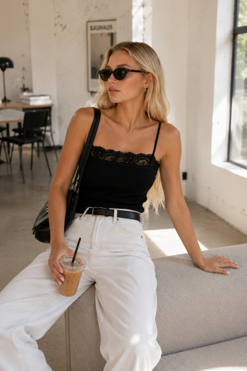Strappy Lace Detail Black Knitted Blouse