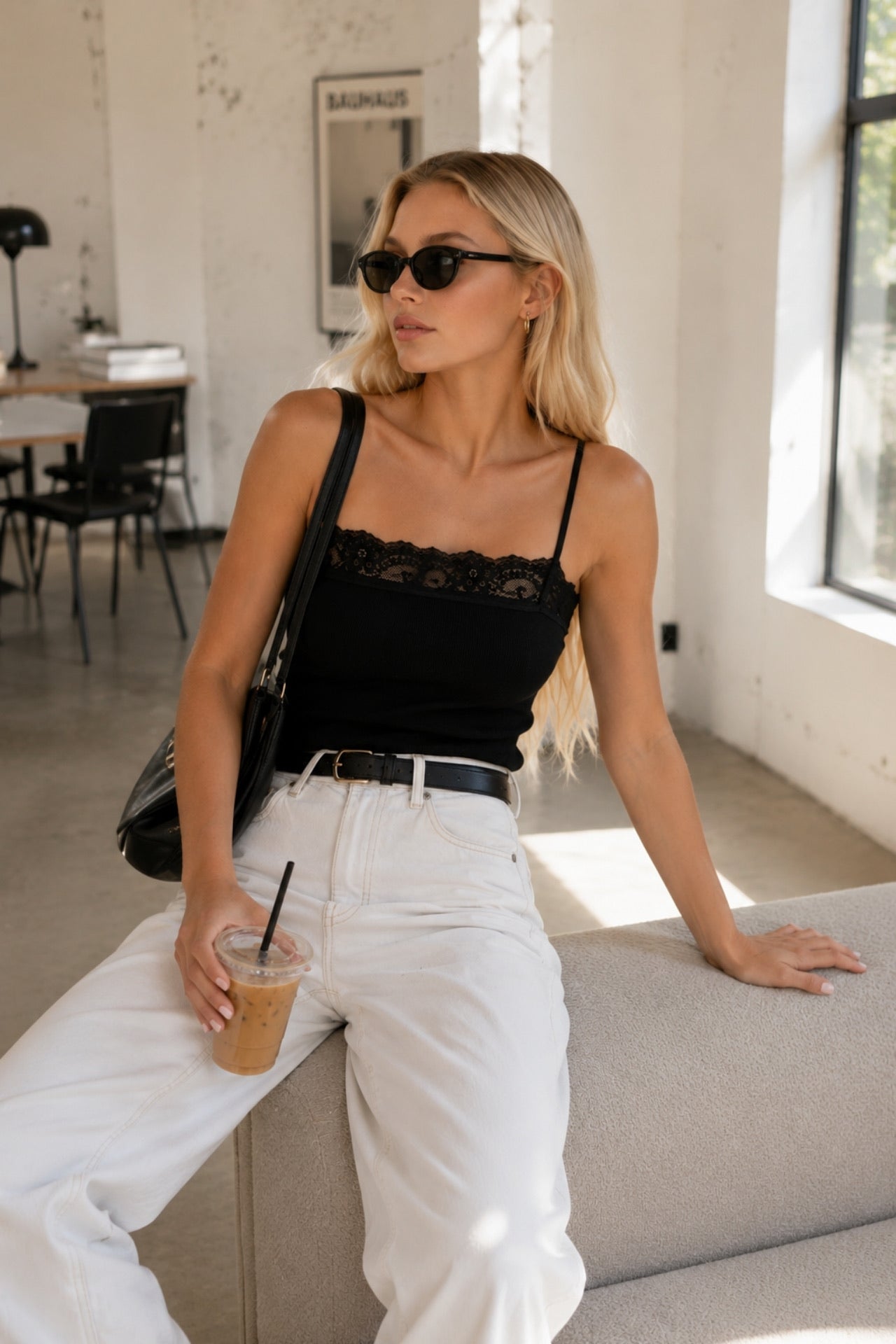 Strappy Lace Detail Black Knitted Blouse