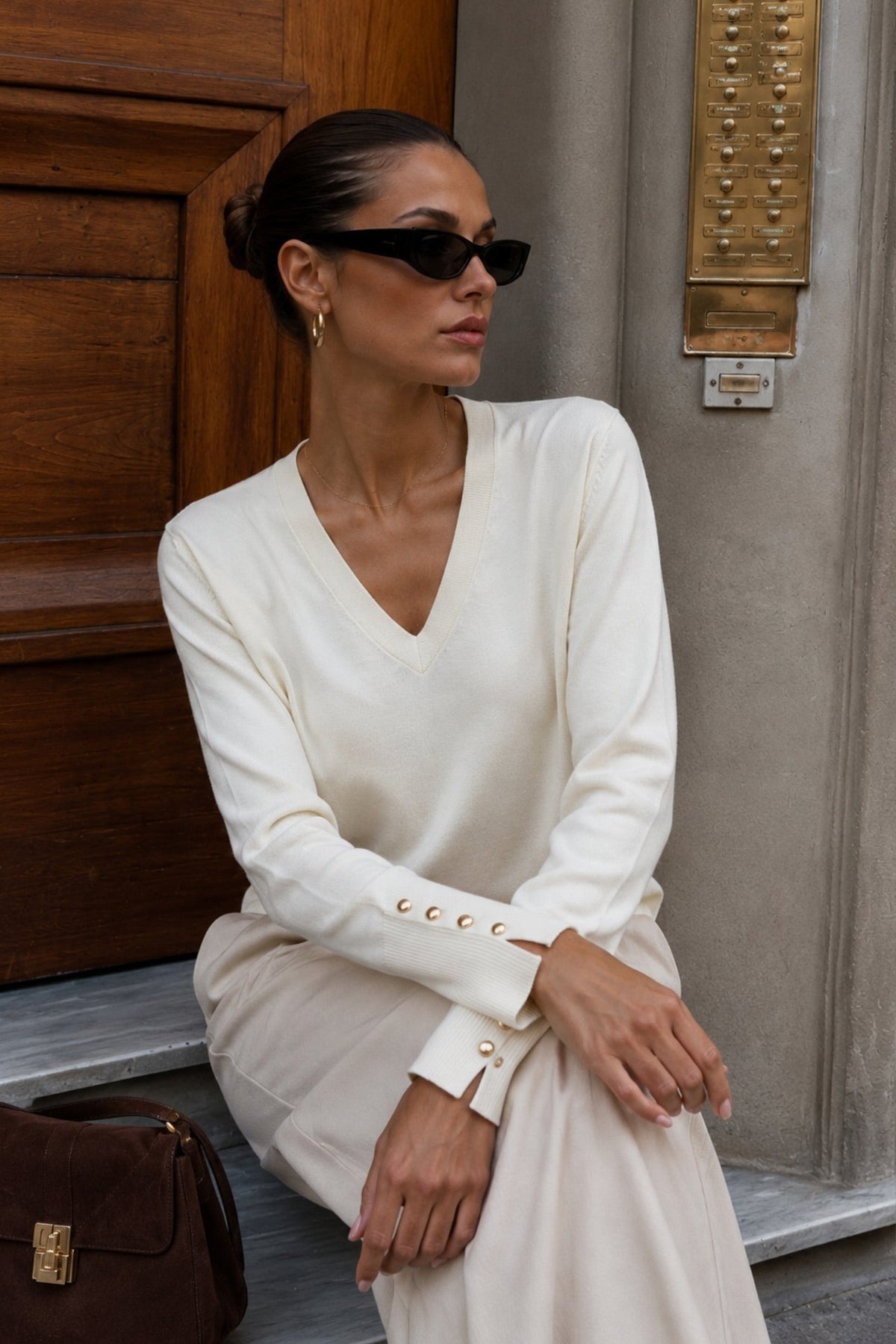V-Neck Button Detail White Knit Blouse