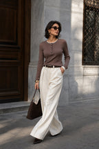 Button Detail Double-Collar Textured Beige Blouse