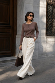 Button Detail Double-Collar Textured Beige Blouse
