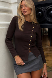 Asimetrik Button Detail Long Sleeve Brown Knit Blouse