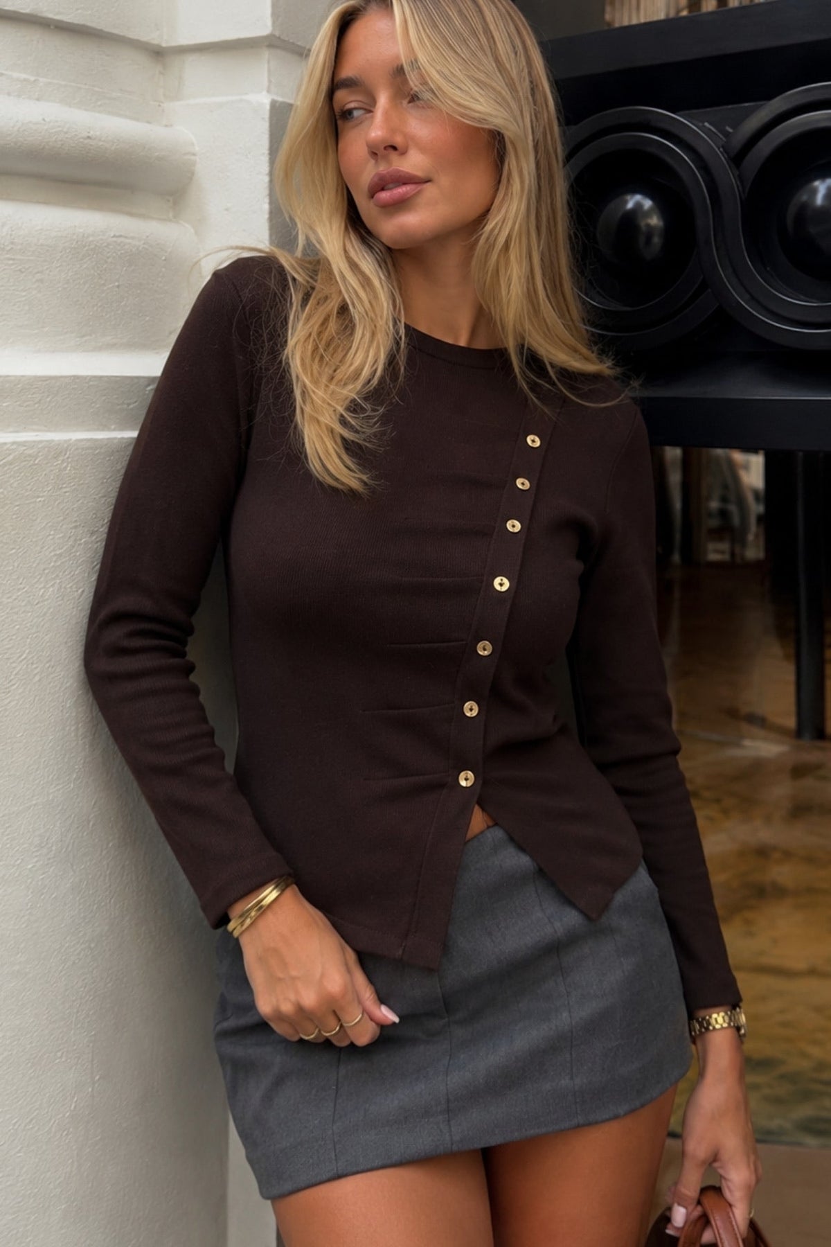 Asimetrik Button Detail Long Sleeve Brown Knit Blouse