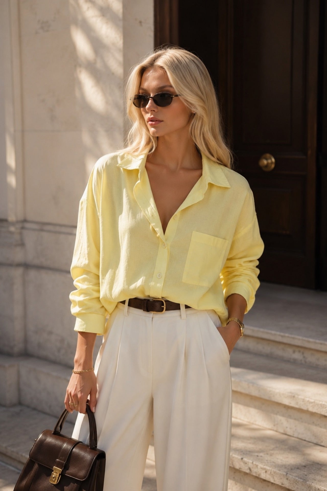 Cep Detay Basic Oversize Yellow Shirt