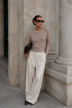 Crew Neck Button Detail Beige Knit Blouse