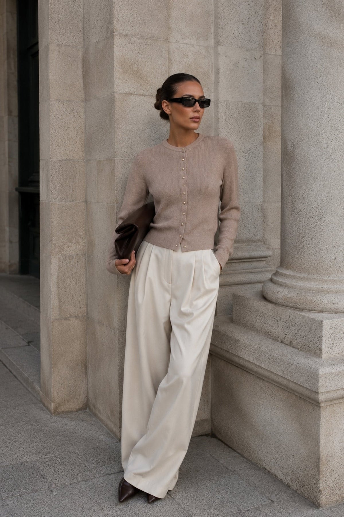 Crew Neck Button Detail Beige Knit Blouse