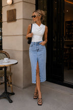 Slit Detail Denim Midi Light Blue Skirt
