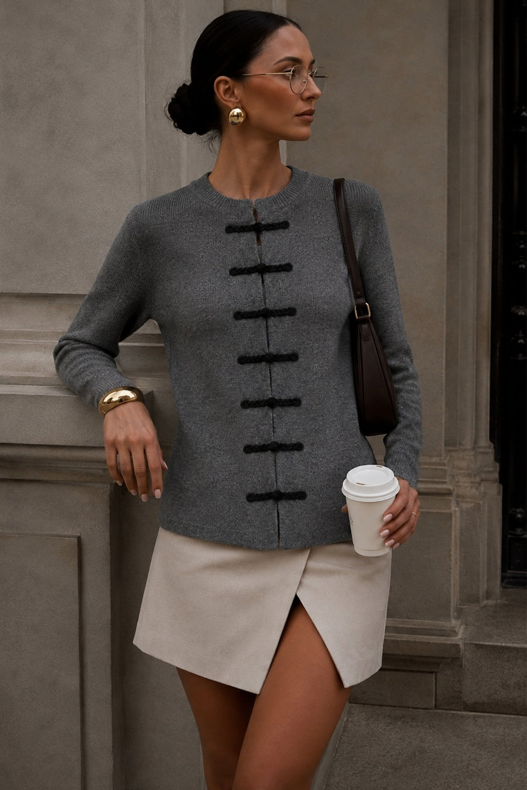 Accessory Detail Crew Neck Gray Knit Cardigan