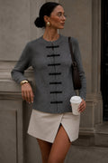 Accessory Detail Crew Neck Gray Knit Cardigan