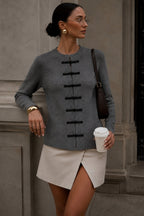 Accessory Detail Crew Neck Gray Knit Cardigan