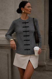 Accessory Detail Crew Neck Gray Knit Cardigan
