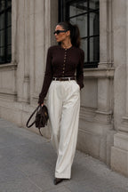Crew Neck Button Detail Brown Knit Blouse