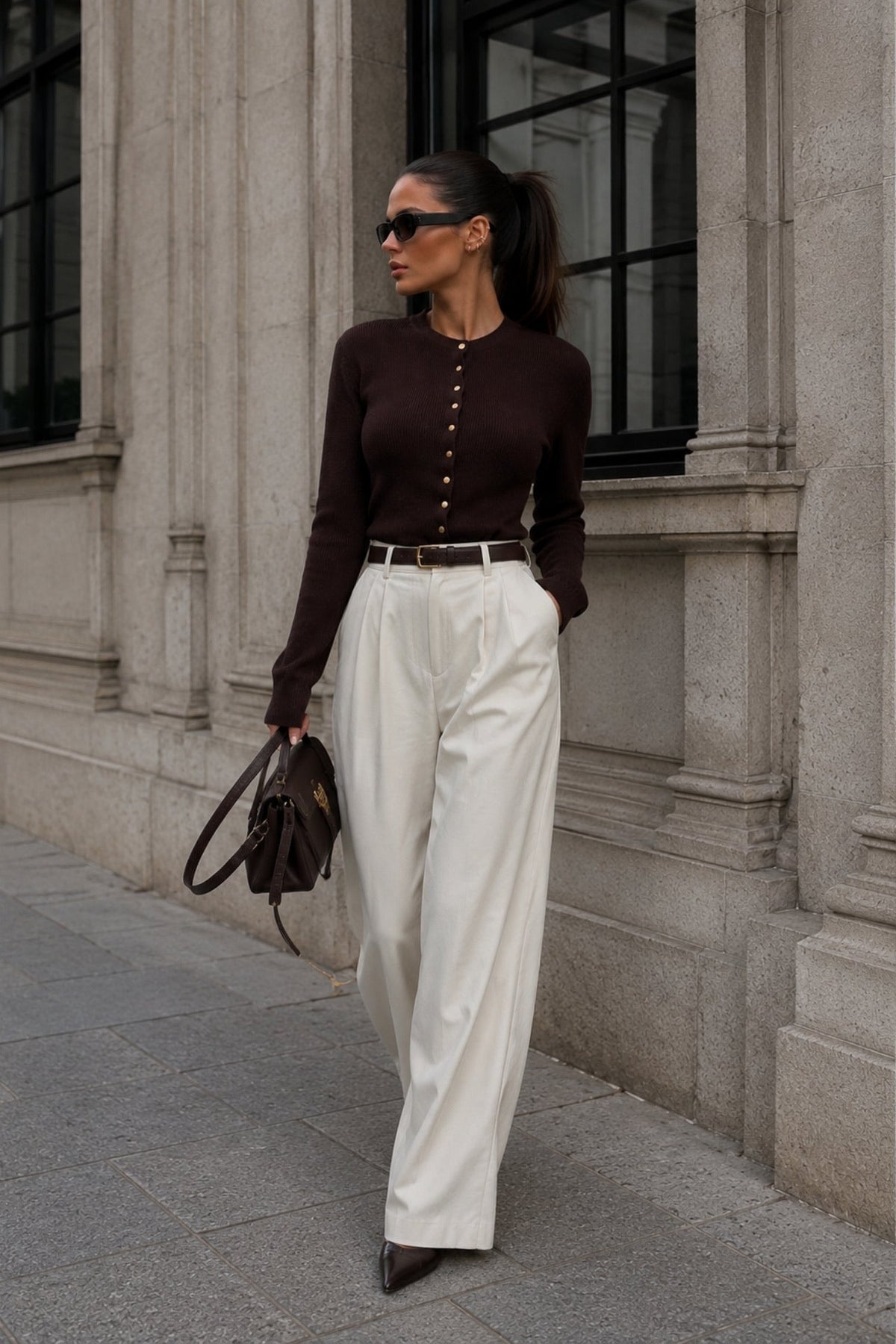 Crew Neck Button Detail Brown Knit Blouse
