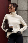 Turtleneck Button Detail Ecru Knit Blouse