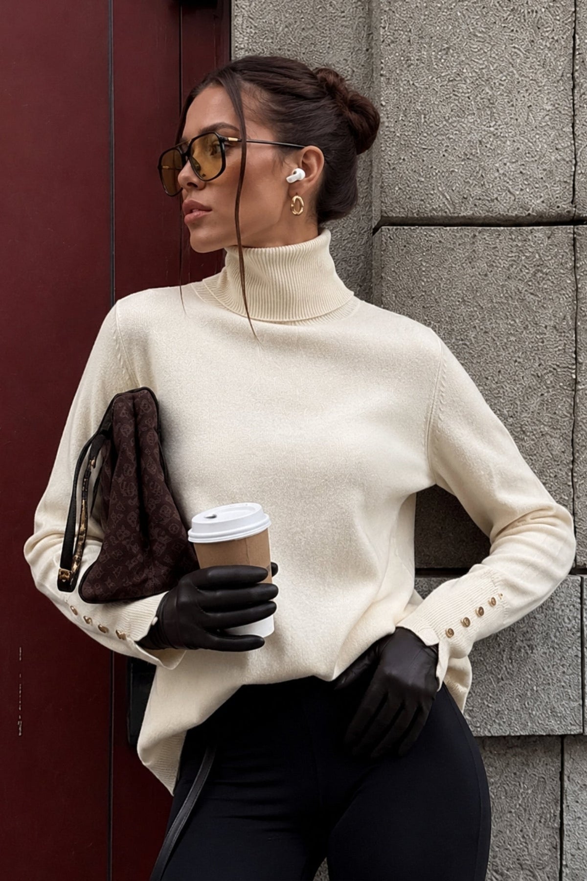 Turtleneck Button Detail Ecru Knit Blouse