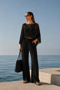 Textured Boat Neck Asymmetric Blouse with Trousers Black Two-Piece Set