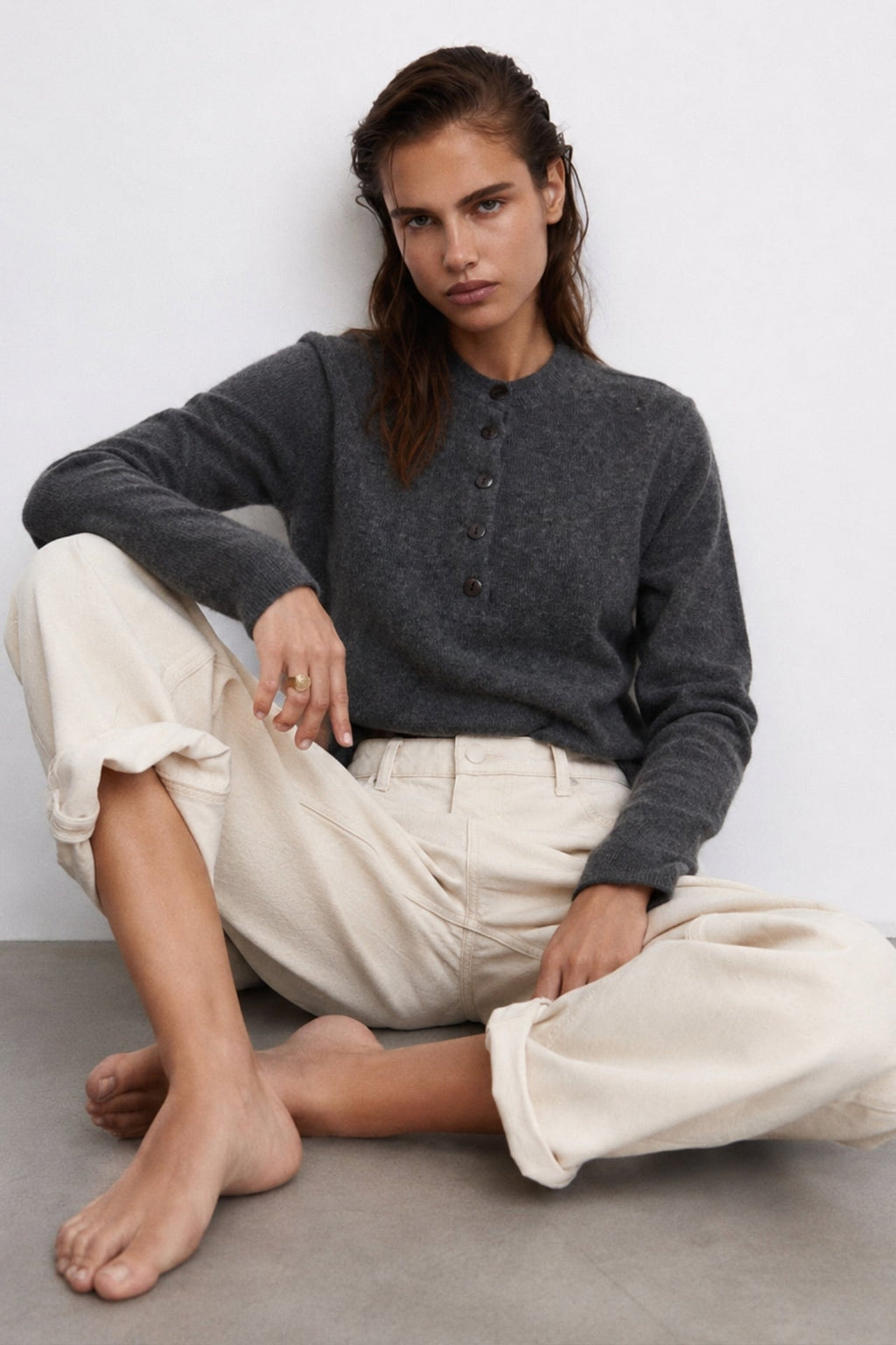 Crew Neck Button Detail Textured Gray Blouse