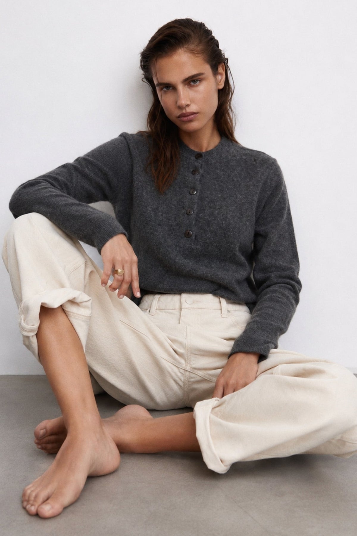 Crew Neck Button Detail Textured Gray Blouse