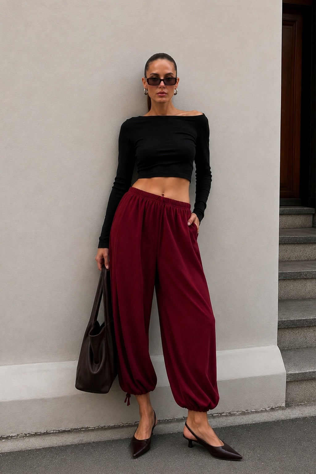Bel ve Hem Tie Detail Burgundy Balon Trousers
