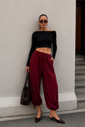 Bel ve Hem Tie Detail Burgundy Balon Trousers