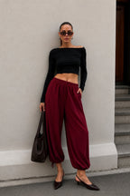 Bel ve Hem Tie Detail Burgundy Balon Trousers