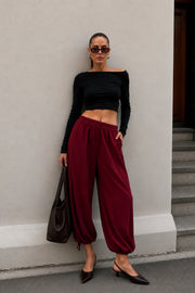 Bel ve Hem Tie Detail Burgundy Balon Trousers