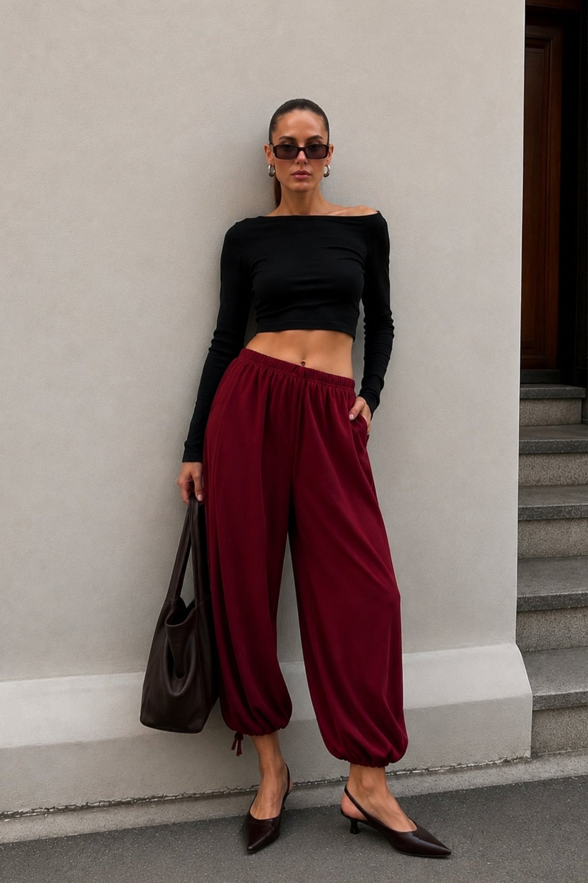Bel ve Hem Tie Detail Burgundy Balon Trousers