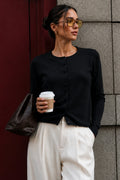 Button Detail Basic Textured Black Blouse