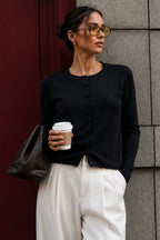 Button Detail Basic Textured Black Blouse