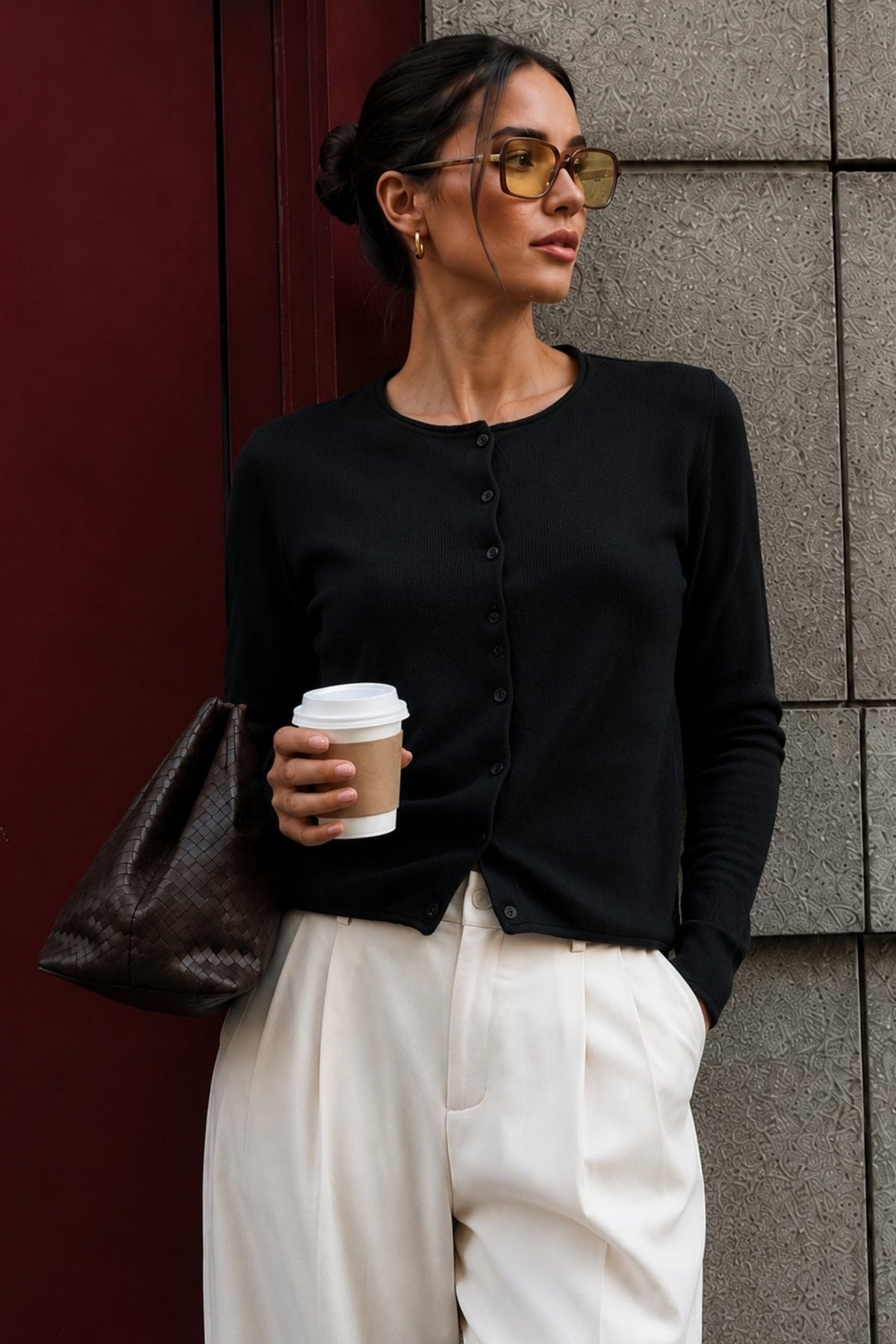 Button Detail Basic Textured Black Blouse