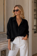Cep Detay Basic Oversize Black Shirt