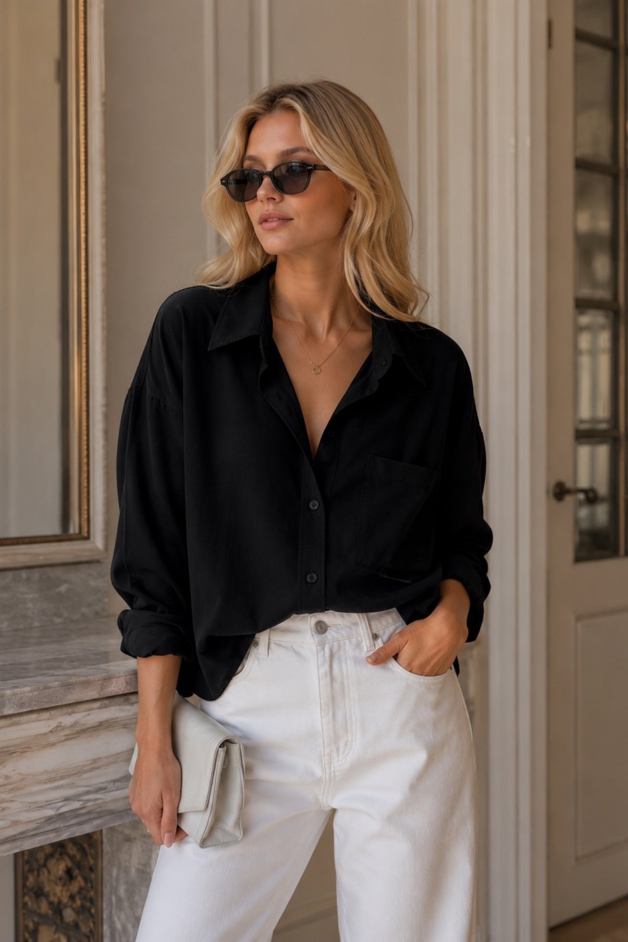 Cep Detay Basic Oversize Black Shirt