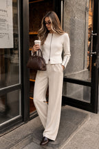 Double Fermuar Long Sleeve Beige Textured Blouse
