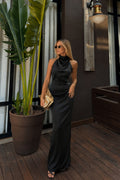 Cowl Neck Maxi Black Satin Dress