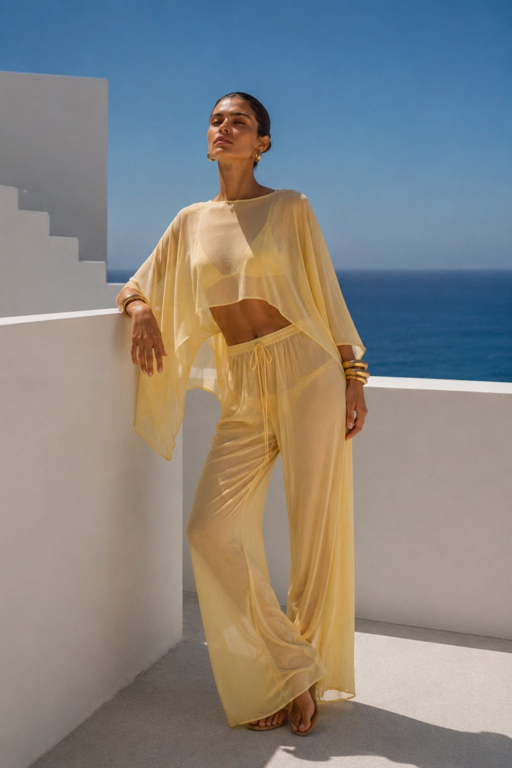 Yellow Two-Piece Set with Wide Collar Crop Transparent Blouse and High Waist Pants