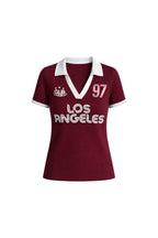 Polo Collar Double Color Printed Burgundy Crop T-Shirt